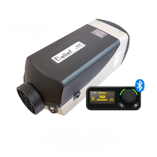 JPM4KW12V Belief heater with Bluetooth control, shown in black casing with digital interface for efficient temperature management. | Sky Rye Design Belief heater with Bluetooth control, shown in black casing with digital interface for efficient temperature management.