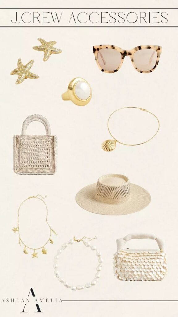 Collection of J.Crew accessories: sunglasses, straw hat, starfish earrings, gold jewelry, and stylish bags.