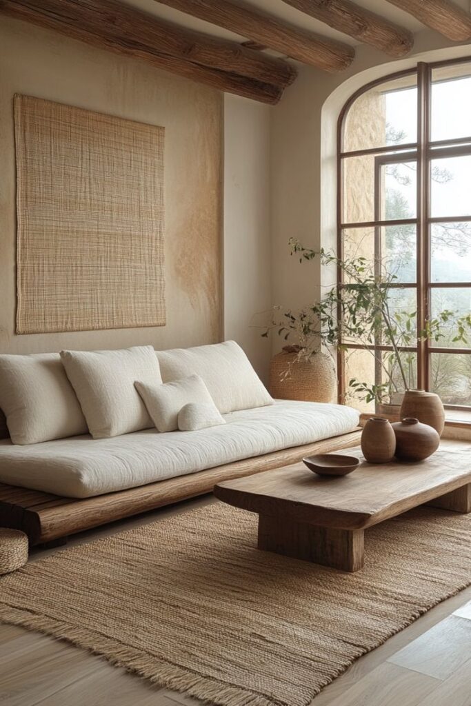 Minimalist living room with rustic wooden furniture, neutral tones, and large window. Cozy and serene interior design.