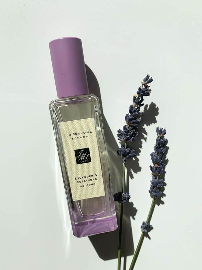 Perfume bottle with lavender and coriander scent, alongside sprigs of lavender on a white background.