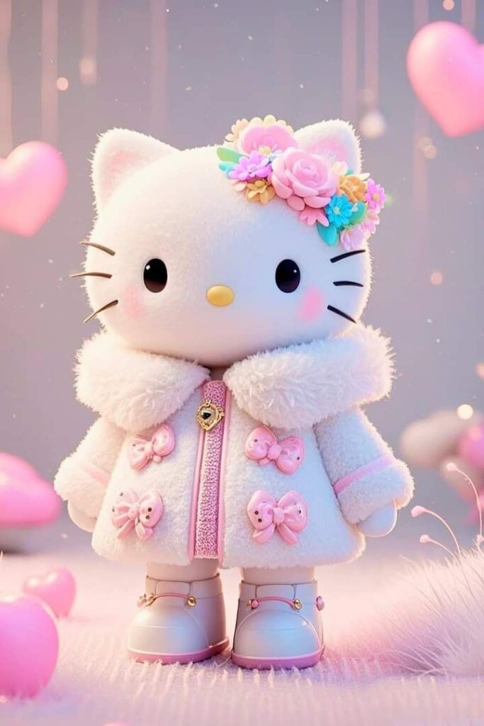 Cute cartoon cat in fluffy coat and floral headband, surrounded by pink hearts.