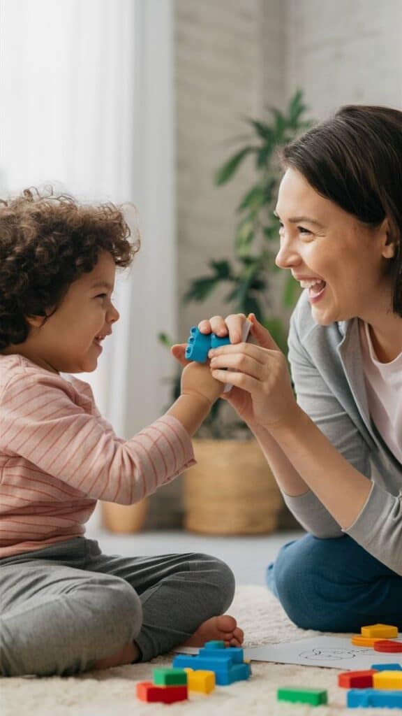 Mother and child joyfully playing with colorful building blocks in a cozy room.