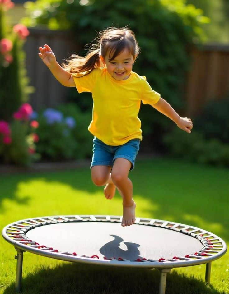 Child joyfully jumping on a mini trampoline in a sunny garden, wearing a yellow shirt and jeans.
