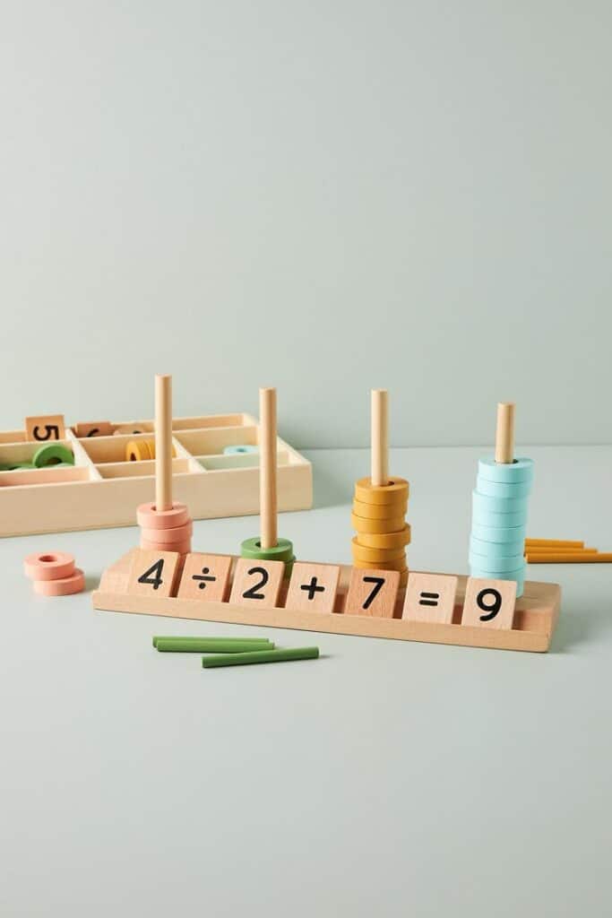 Math toy set with colorful rings and numbers for educational learning activities.