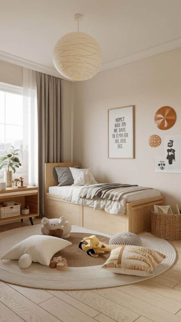 Cozy kids room with wooden bed, toys on round rug, and wall decor, bright window light enhancing the minimalist decor.