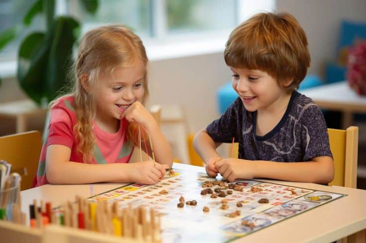 Children playing a board game with stones, smiling and engaged at a table in a bright room.