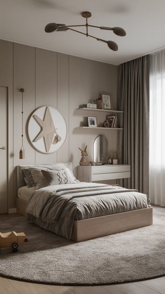 Modern bedroom with gray tones, wooden bed, round rug, and stylish shelving. Cozy and minimalistic interior design.