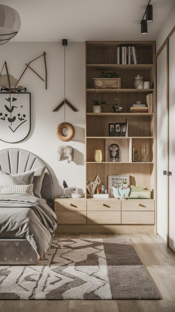 Cozy bedroom with modern decor, wooden shelves, grey bedding, and geometric patterned rug. Perfect for relaxation.