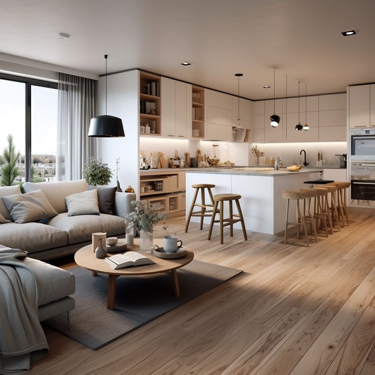 Modern open-plan kitchen and living room with cozy seating, island, and natural light streaming through large windows.