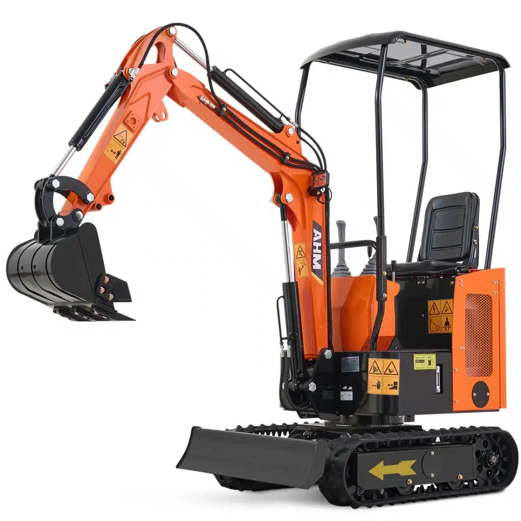 Orange mini excavator with an articulated arm and tracks, ideal for construction and landscaping tasks.