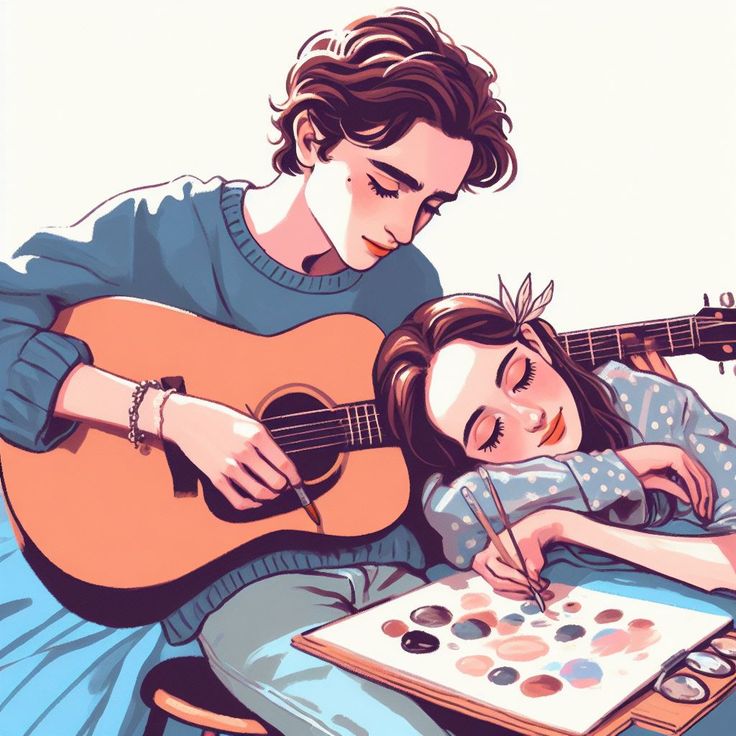 A young couple enjoying creative bonding time with guitar and painting, illustrating music and art togetherness.