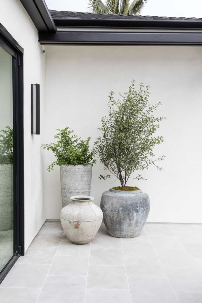 Outdoor patio with large decorative pots and lush plants against a modern white wall.