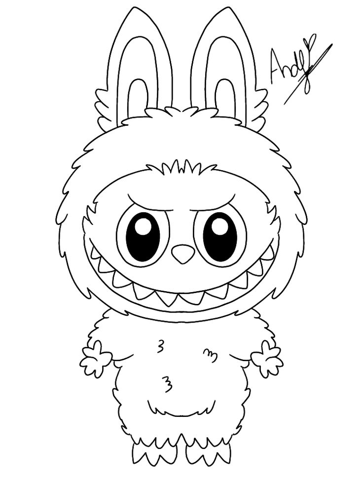 Cute cartoon monster with fluffy fur and bunny ears in an outlined drawing, signed by artist Andy.