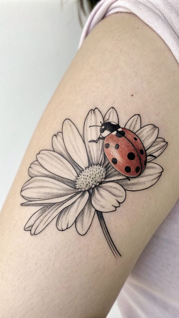 Tattoo of a ladybug on a daisy, inked on an arm. Realistic design with vibrant colors and detailed linework.
