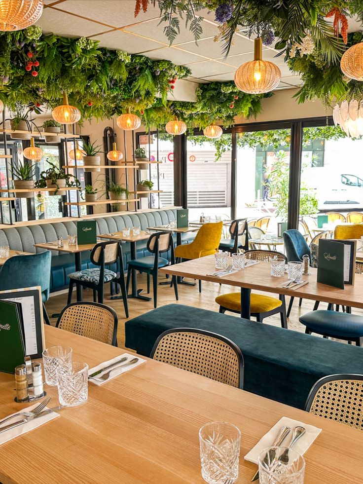 Modern restaurant interior with wooden tables, cushioned seating, and lush greenery hanging from the ceiling.