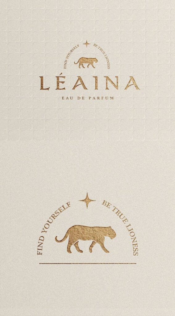 Léaina Eau de Parfum logo with lioness emblem and motivational text: Find Yourself, Be True Lioness.