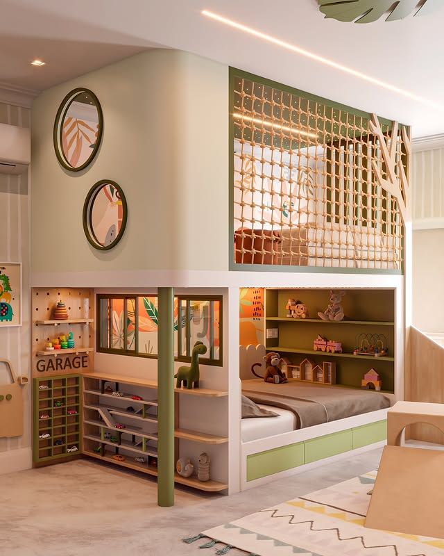 Stylish kids' bedroom with loft bed, playground, and storage, featuring a cozy, colorful, and playful design.