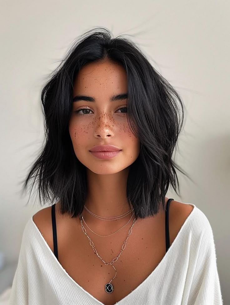 Woman with dark hair and freckles, wearing layered necklaces and a white top, smiles softly at the camera.