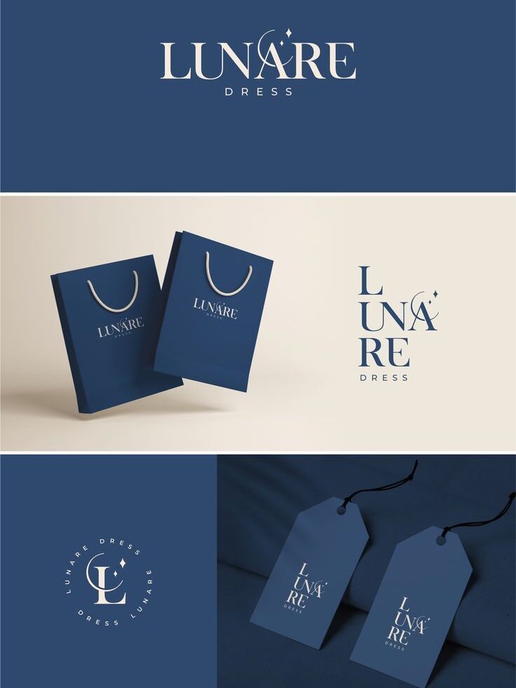 Luxurious Lunare Dress branding shown on bags, tags, and store signage in elegant navy blue and white design.