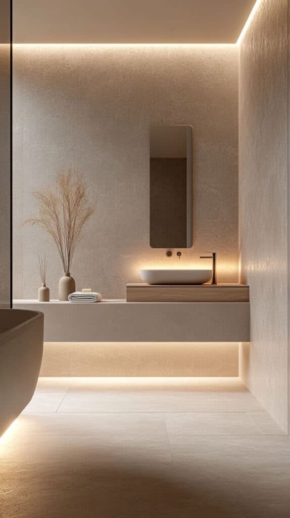 Modern minimalist bathroom with beige tones, sleek vanity, round basin, and ambient lighting for a serene atmosphere.