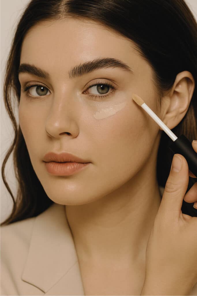 Woman applying liquid concealer under eye with applicator for flawless makeup.
