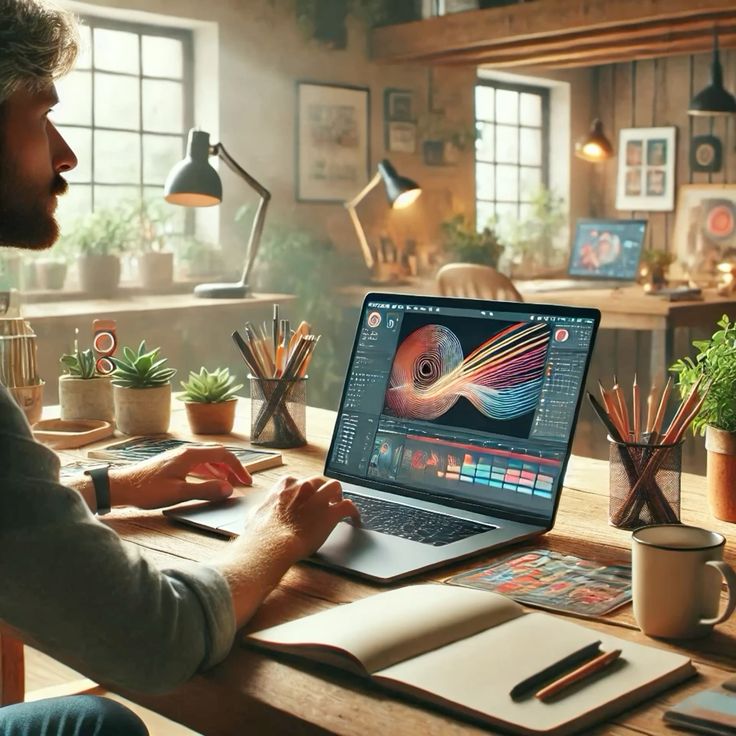 Man working on design software in a cozy studio, surrounded by plants and art supplies.