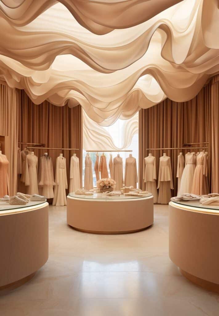 Elegant bridal boutique with flowing fabric ceiling and pastel-colored dresses displayed on mannequins.