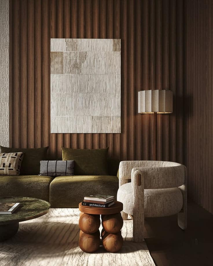Modern living room with green sofa, abstract art, and stylish wood-panel accents. Cozy, elegant interior design.