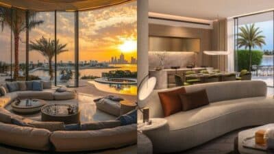 Luxurious living room with a sunset view and elegant dining area, overlooking a city skyline and palm trees.