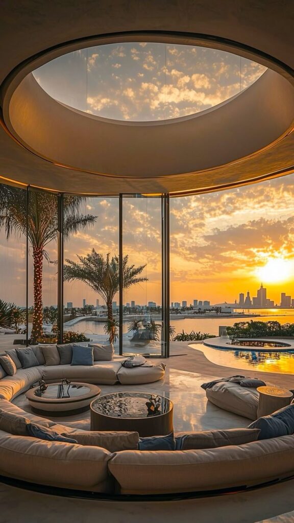 Luxurious lounge with panoramic windows showcasing a stunning sunset over a city skyline and water.