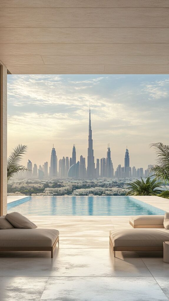 Luxury infinity pool balcony with stunning skyscraper skyline view at sunset.