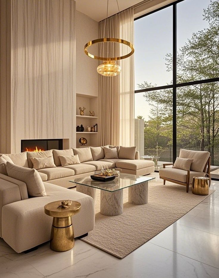 Modern living room with beige sectional sofa, large windows, gold accents, and marble flooring. Cozy fireplace atmosphere.