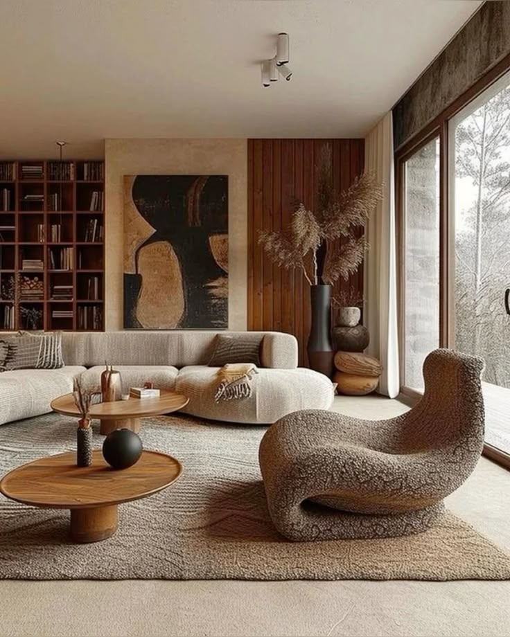 Modern living room with abstract art, cozy beige sofa, unique chairs, wooden tables, and large window view. Elegant decor.
