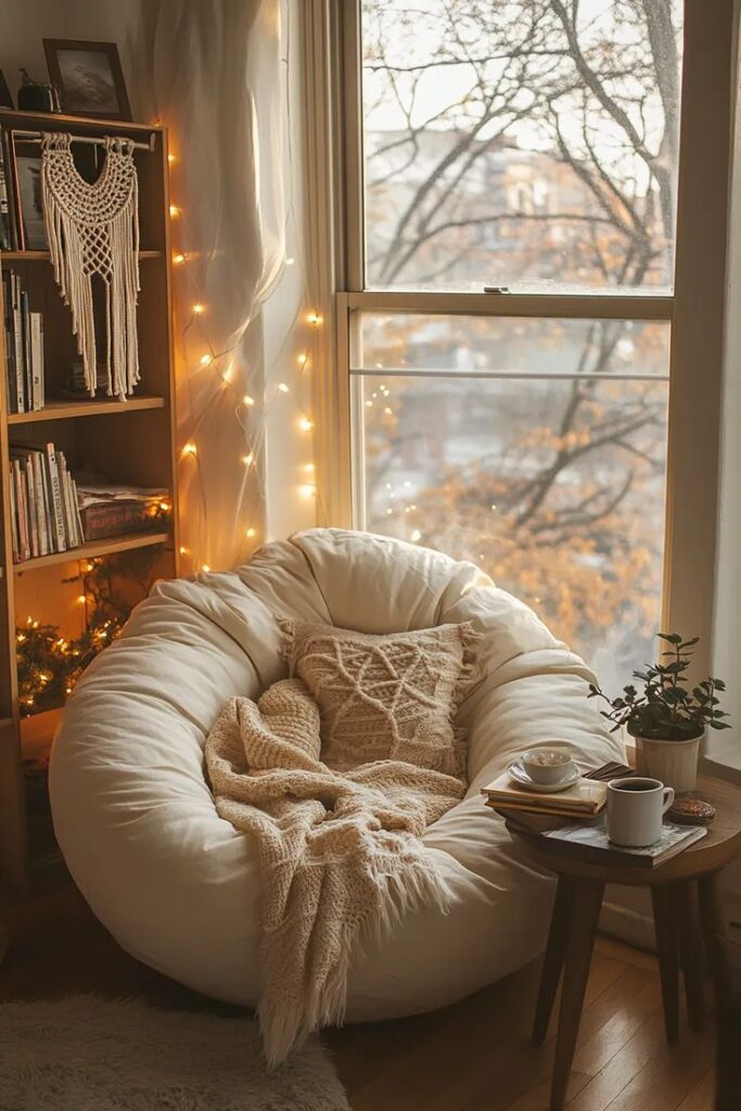 Cozy reading nook with a bean bag, warm lights, and window view, perfect for relaxing with books and coffee.