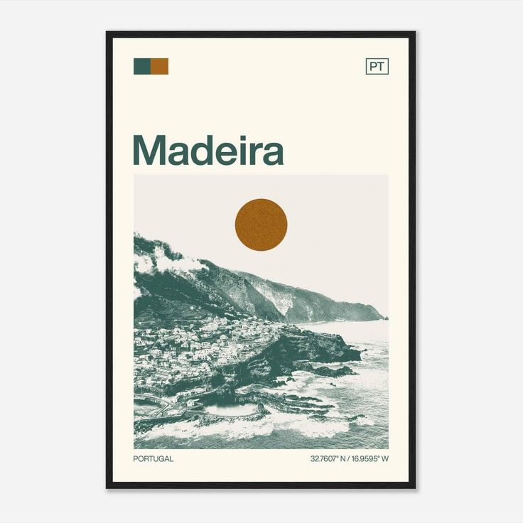 Poster featuring Madeira's coastline with a sun motif, coordinates, and minimalist design elements.
