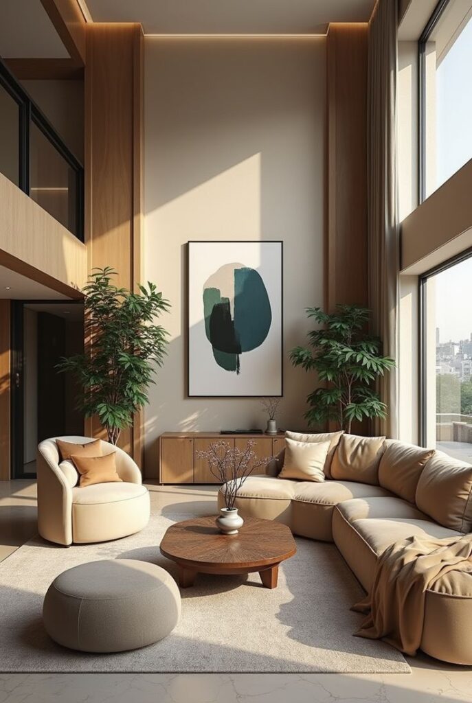 Modern living room with large windows, beige sofa, wooden accents, and abstract artwork on the wall.