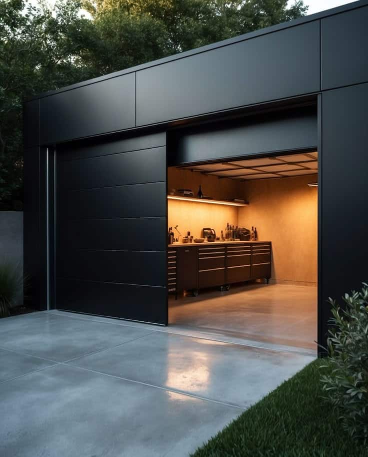 Matte Black Garage 🖤🖤🖤 Modern garage with open door revealing well-organized workspace and tools inside, surrounded by greenery. | Sky Rye Design Modern garage with open door revealing well-organized workspace and tools inside, surrounded by greenery.