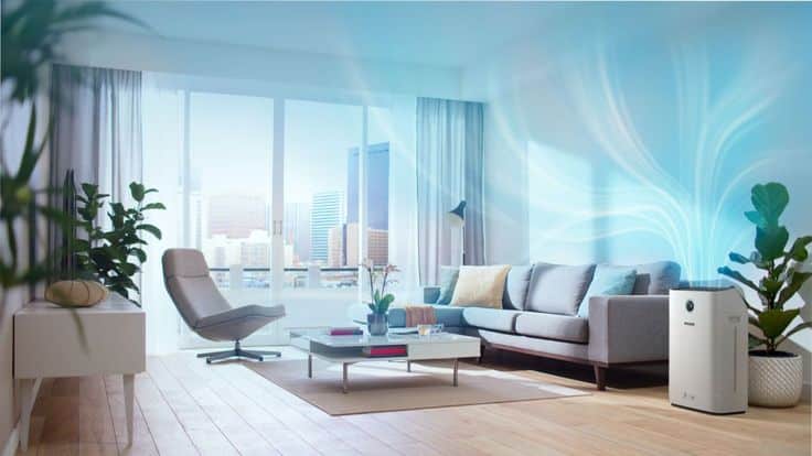 Modern living room with air purifier, large windows, plants, and city view, promoting fresh air and a clean environment.