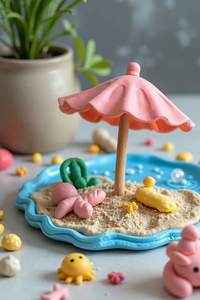 Playful miniature beach scene with clay figures, umbrella, and plants on sand in a blue tray. Creative craft display.