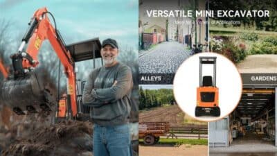 Man standing by an orange mini excavator highlighting its versatility for alleys, gardens, and various applications.