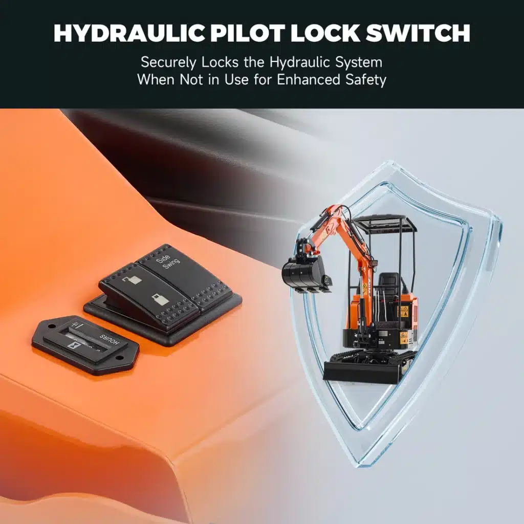 Alt text: Hydraulic pilot lock switch ensuring safety with system lock, excavator image on shield background, black switches.