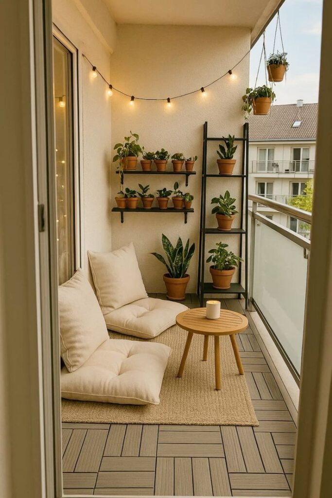 Cozy balcony with cushions, string lights, and potted plants on shelves and floor for a serene outdoor space.