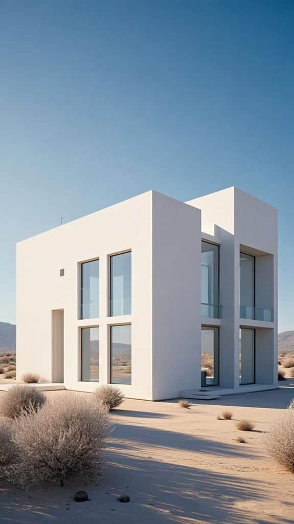 Modern white cube house in desert landscape, featuring large windows and minimalist design under clear blue sky.