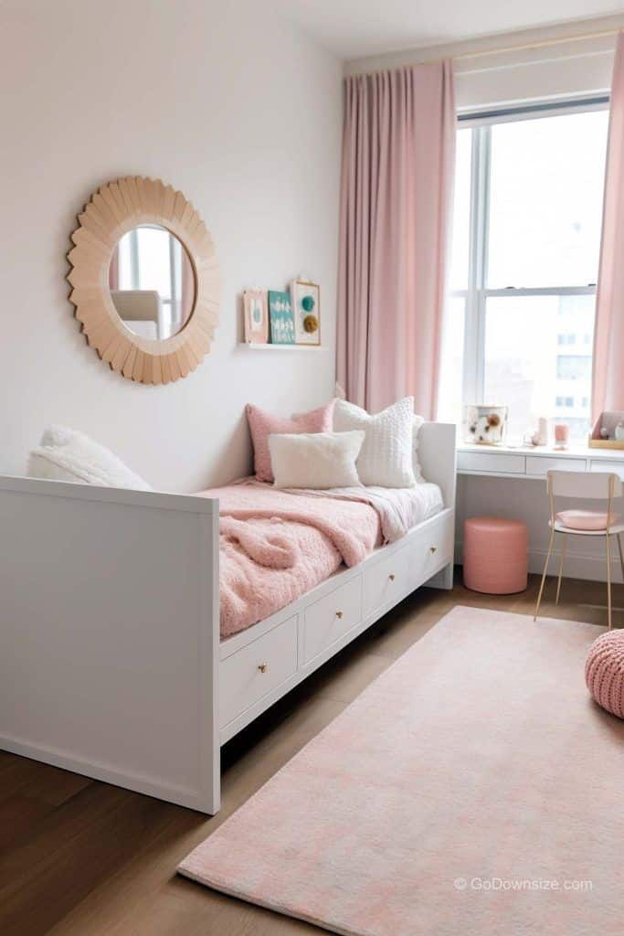 Cozy bedroom with pink accents, white daybed, and decorative mirror, creating a soft, charming space.