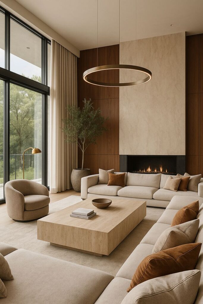 Modern living room with beige sofas, wood accents, large windows, and a circular chandelier. Cozy and elegant interior design.