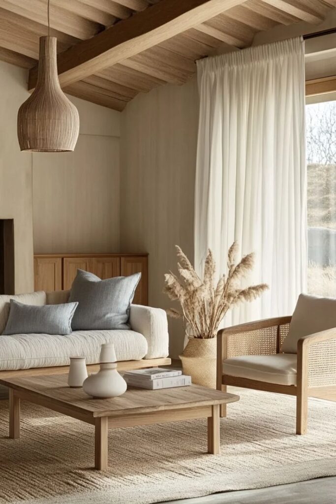 Modern living room with a beige sofa, wooden coffee table, pampas grass decor, and soft natural lighting.