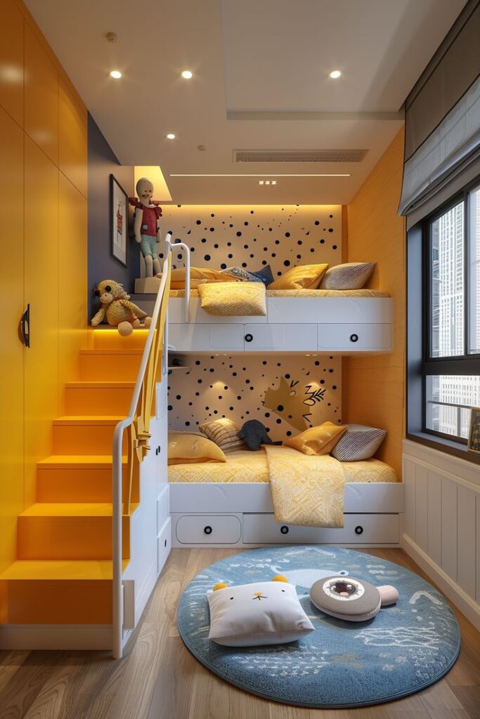 Cheerful kids' room with bunk beds, yellow stairs, playful decor, and window view.