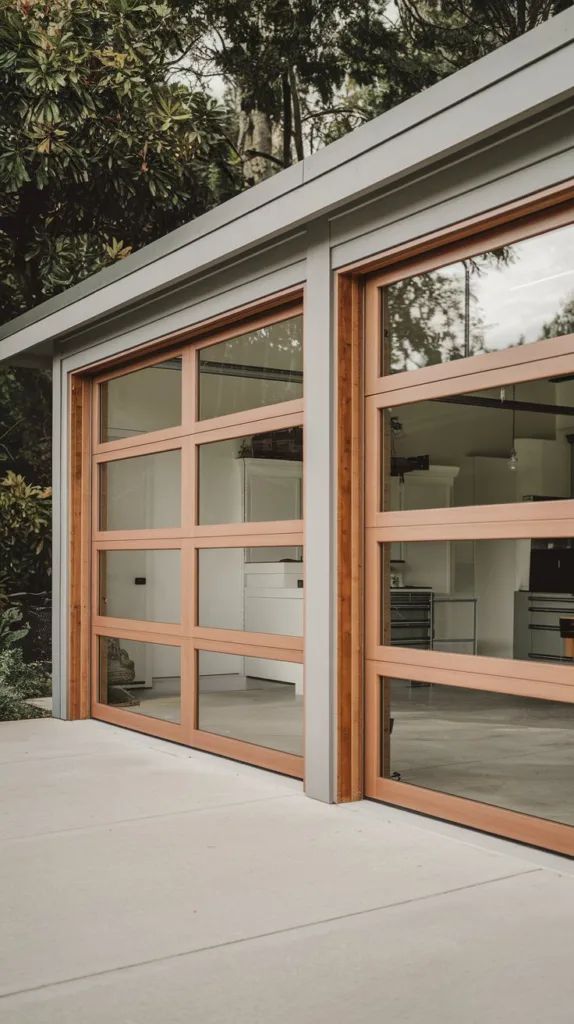 Modern glass garage doors with wooden frames in a residential setting surrounded by trees.