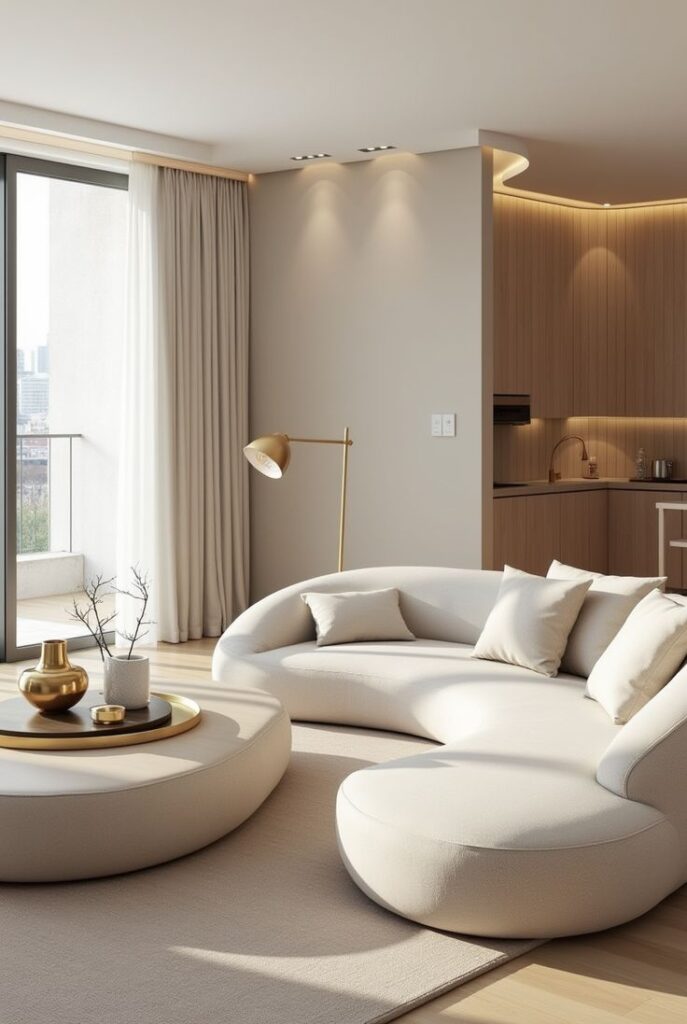 Modern living room with a curved white sofa, round coffee table, and wooden kitchen, bathed in natural light.