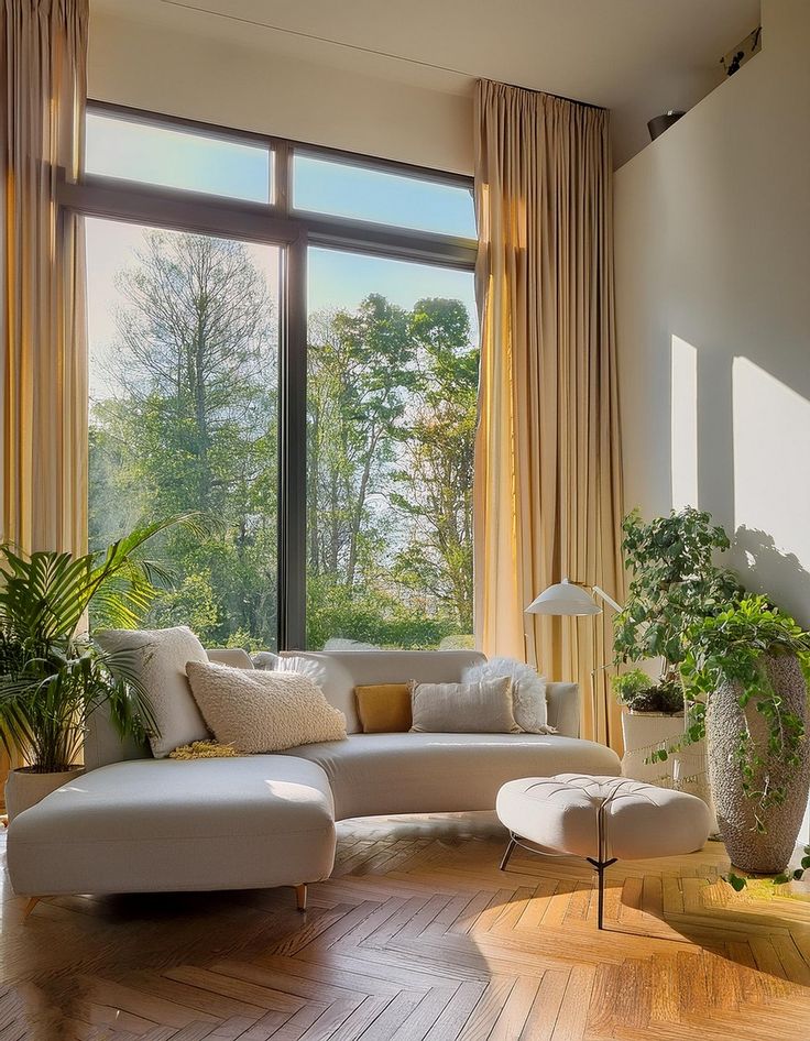 Stylish living room with large window, cozy sofa, lush plants, and parquet flooring, flooded with natural light.